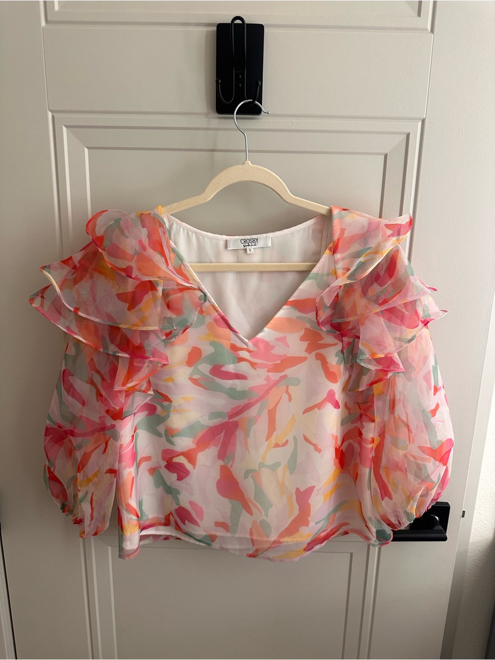 CROSBY by Mollie Burch Pink Multi Ruffle Sleeve V-Neck Blouse